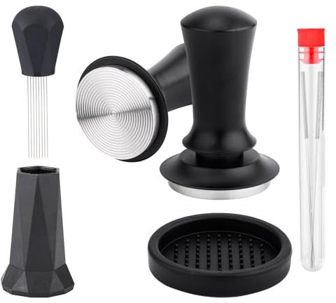 Espresso Tamper Set, Including Espresso Tamper Silicone Tamper Mat Coffee Powder Distributor&Needle Replacement Espresso Stirrer Distribution Tool Kit for Barista Accessories