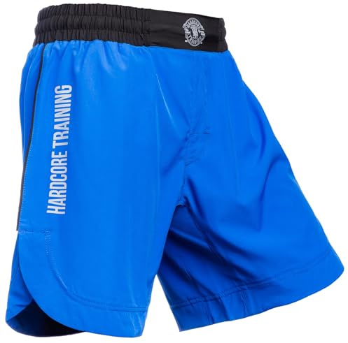 Hardcore Training Athletic Men's Shorts Pantaloncini Uomo Allenamento Kickboxing MMA Boxe BJJ Muay Thai con Tasche (IT, Testo, XS, Regular, Regular, Blue/Blue)
