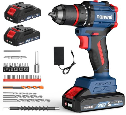 NANWEI Cordless Drill 20V, Powerful Brushless Motor, Electric Drill with 2 Batteries, 50N.m, 21 Torque 2 Speed, LED Light, Power Tools Set for Home and Garden DIY Project