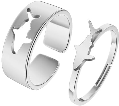 LUTAKU 2 anelli a forma di squalo per donne e uomini, in acciaio inossidabile, regolabili, per amicizia, promessa, anelli per coppie, Adjustable, Metallo, Nessuna pietra preziosa