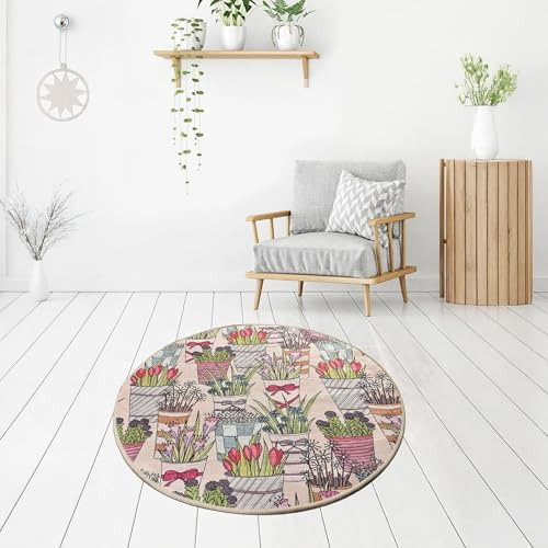 Bosdela Badezimmerteppich Flowerpot Round, Ø140 cm – Runder Badvorleger, Weich, rutschfest, Modernes Design, Pflegeleicht, Ideal für Bad, Dusche und Gäste-WC