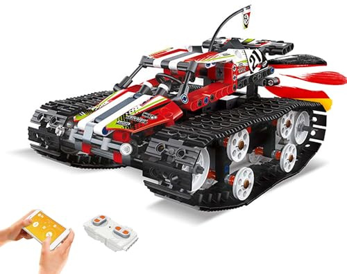 RC ferngesteuertes Panzer Kampf-Fahrzeug aus Baustein-Set, Crawler Kampfwagen Steck-Bausatz mit App- und Fernsteuerung, Stunt-Auto aus Klemmbausteinen, DIY Technik-Bausatz, für Kinder und Erwachsene