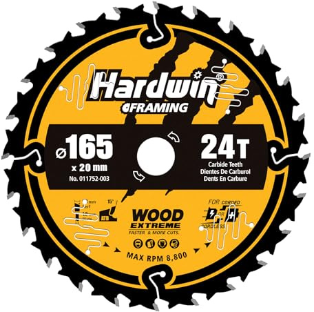 Hardwin Lame de Scie Circulaire 24 Dents 165mm x 20mm (Bois) - Adaptée à Toutes les Essences de Bois, Compatible avec les Modèles Dewalt et Makita