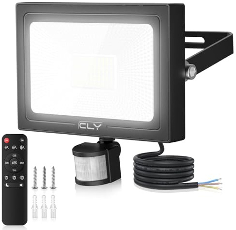 CLY LED-strålkastare med rörelsesensor 60 W, 5640 LM LED-strålkastare utomhus med fjärrkontroll 4 lägen 10 ljusstyrka utomhusljus rörelsesensor 6 500 K kall vit utomhus LED-projektor vattentät IP66