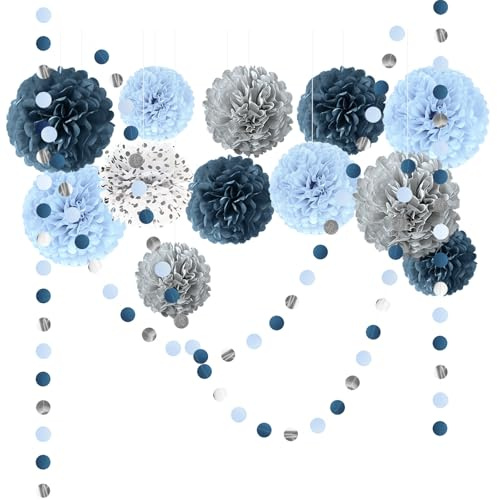 NICROLANDEE Staubblau Hochzeitsdeko Seidenpapier Pompons Deko 15 Stück | Tissue Pom Poms Papiergirlande Dekoration für etwas Blaues, Brautparty, Junggesellinnenabschied, Babyparty-Dekorationen