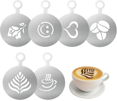 6 Stück Kaffeeschablonen aus Edelstahl, Kaffee-Dekorationsschablone, Cappuccino Kunst Schablone für Barista, Kuchendekorationswerkzeug