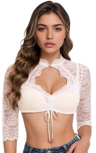 wlertcop Women's Dirndl Blouse, Lace Dirndl Blouse, White Drawstring Lace Blouse, Lace Costume Blouse, Chest Neckline, Long Sleeve, Traditional Oktoberfest Dirndl Blouse, White, L