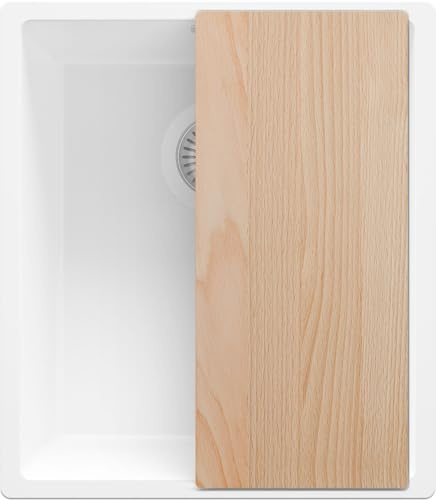 PRIMAGRAN Fregadero bajo Encimera al Mueble 45cm + Kit de desagüe, 41x47cm | Set: Kit de desagüe (sifón, válvula, rebosadero) + Tabla de Cortar + London 1 Seno para Cocina, Todo Blanco