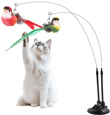 Mppchhn Katzenangel - Katzenspielzeug Mit Lockvogel,Abnehmbarer Saugnapf 2 in 1 Interaktiv Doppel Vogel mit Zwitschern zur Förderung von Jagdtraining Alleinspiel bei wenig Energie