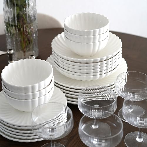 Zoha Lotus Tellerset 12 Personen – modernes Tafelservice 48-teilig – stilvolles Porzellan Teller Set 12 Personen – elegantes Teller-Set in edlem Weiß – spülmaschinengeeignet & mikrowellenfest