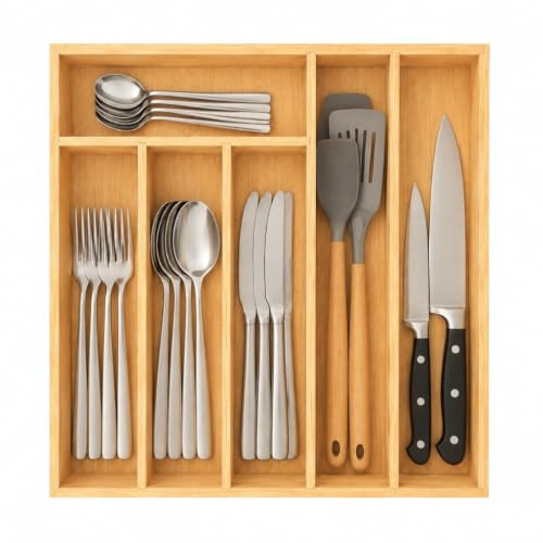 woodluv Large Wooden Cutlery Drawer Organizer, Utensil Tray for Kitchen, Drawer to Hold Utensils, Kitchen Storage Accessories Office Supplies