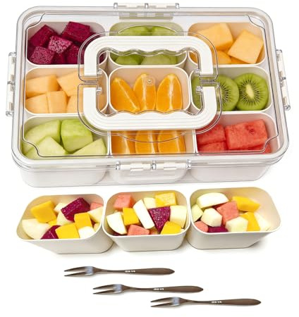 Stycypel snackskål med 8 fack, snacksskål med lock och handtag, bärbar snackslåda och arrangör för godis, frukt, kex, dessert, grönsaker, nötter