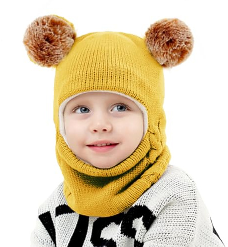 Koerye Cappello Passamontagna Bambino Invernale Cappello Invernali Calda Multifunzione per Bambine Bambini Cappuccio Berretti con Fodera in Pile Giallo
