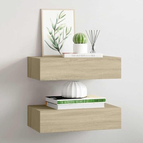 Owoxanthellate Wandregal mit Schublade 40x23,5x10 cm 2er Set in Eiche massivoptik MDF & Metall schwebender Look Modern & Langlebig für Wohnzimmer Flur Schlafzimmer
