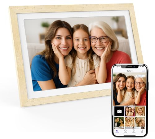 XORO Cadre Photo numérique WiFi de 10,1 , 1920 x 1080 Full HD 1080p IPS, mémoire 32 Go, Rotation Automatique, Bois de hêtre, partagez instantanément des Photos de n'importe où