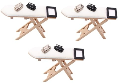 POPETPOP Set Miniatura 3 Pezzi Ferro da Stiro Asse da Stiro e Tavolo in Legno per Casa delle Bambole Decorazione Modellini in Scala Accessorio Scena Fotografica per