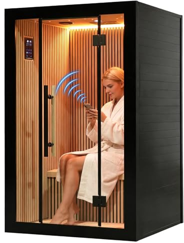 Amocane Far Infrared Wooden Sauna with WiFi Control, 1-2 Person Infrared Sauna Spa with Remote Control, Canadian Hemlock Dry Sauna with 5 Carbon Heaters, Personal Corner Saunas for Home & Gym