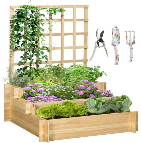 Outsunny Carré Potager Surélevé 3 Étages avec Treillis Effet Bois Naturel | sans Fond, Kit d'Outils : Sécateur Truelle Râteau à Main, pour Plantes Grimpantes Légumes Fleurs