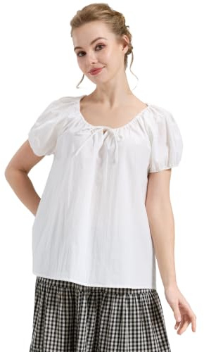 BEAUTELICATE Blusa Campesina Mujer 100% Algodón Blusa Holgada con Manga Abullonada Estilo Boho Cottagecore Medieval para Verano(Marfil,2XL)