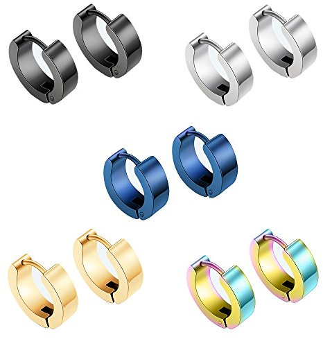 Epoch World 5 Paare Gold Ohrringe Herren Silber Ohrringe Damen Creolen | Ohrringe Männer Schwarz, Ohrringe Herren Creolen Damen, Edelstahl Titan Hypoallergen Klein 14MM Piercing