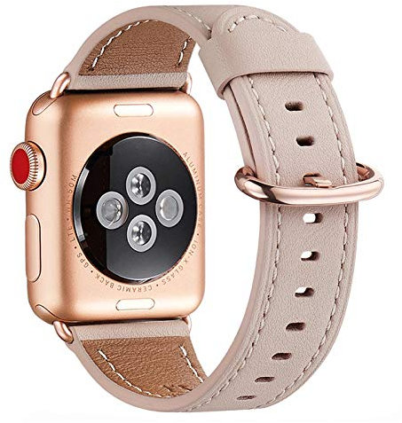 WFEAGL Kompatibel für Apple Watch Armband 40mm 41mm 38mm 42mm(Series 11 10),Lederband Ersatzband für Herren Damen Kompatibel für iWatch Series 11/10/9/8/7/6/5/4/3/2/1,SE,Rosa Sand+Rosé Gold Adapter