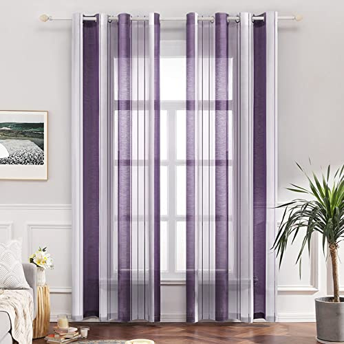 MIULEE Voile Gardinen Lila-Weiß mit Ösen 2er Set 140x260 cm | Halbtransparenter Voile mit Streifenmuster für Wohnzimmer, Schlafzimmer und kleine Fenster.