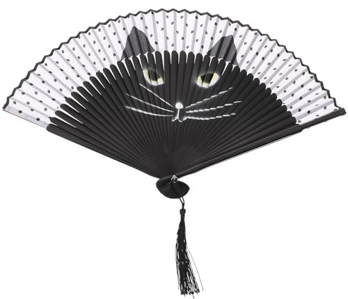 Folding Silk Fan Black Cartoon Cute Cat Bamboo Handheld Folded Fan for Kids Men Women Decorations Festival