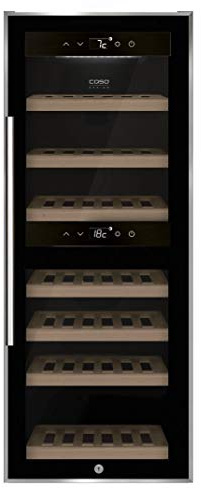 CASO WineComfort 38 black |Weinkühlschrank für 38 Flaschen | 2 Zonen auf 5-20°C einstellbar, Touch, LED beleuchtet freistehend, UV-Filterglas, Schwarz