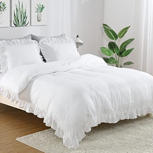 White Ruffled Duvet Cover Twin, 2PCS Soft Washed Microfiber Vintage French Country Duvet Cover Set for Kids Girls, White, 68x90 in