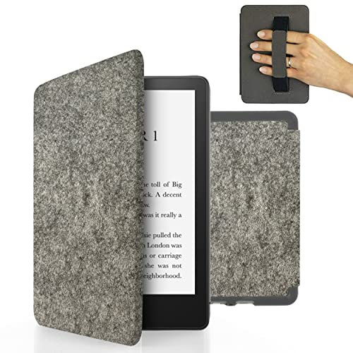 MyGadget Filz Hülle für Kindle Paperwhite 11 .Generation 6,8 Zoll [ Modell : M2L3EK | M2L4EK Release: 2021 | 2022 ] mit Handschlaufe & Auto Sleep | Wake Funktion - Flip Case in Hell Grau