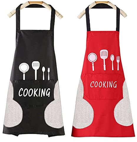 SAIJIAN 2 Pezzi Grembiule Cucina Donna Uomo Grembiule da Cucina Impermeabile e Antiolio Grembiuli con Tasche per il Ristorante di Cucina Casalinga