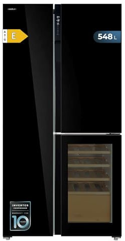 Cecotec Frigorífico 3 puertas Bolero CoolMarket TDW 548 Black Glass E, Clase E, 548 L, Diseño T Door, Compresor Inverter Plus, Total No Frost, Metal Cooling, Multi AirFlow, Fast Cooling & Freezing
