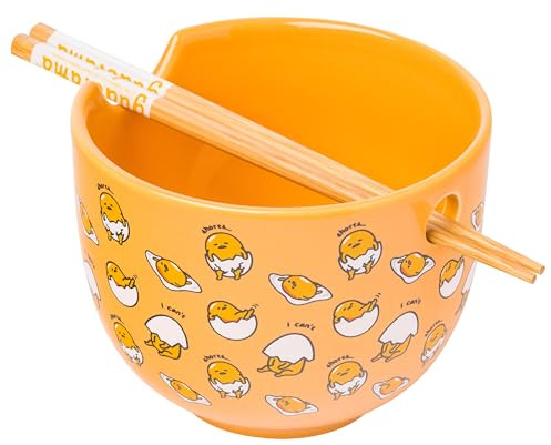 Silver Buffalo Sanrio Gudetama I Can't Lazy Yellow Egg Ceramic Ramen Noodle Rice Bowl with Chopsticks, Microwave Safe, 20 Ounces | Hello Kitty and Friends, I Can't Lazy, Ceramic, Noodle Rice, Microwave Safe, 0.59 Liters
