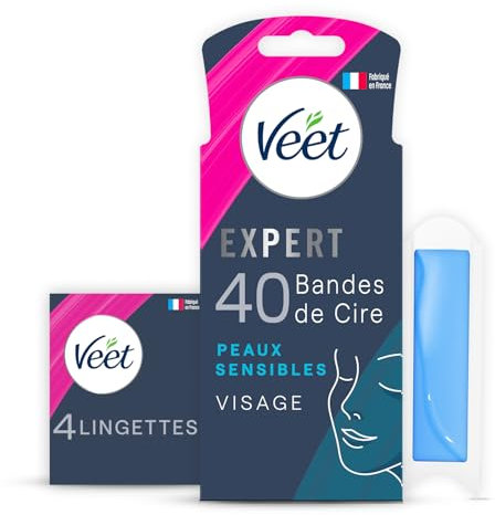 Veet Expert – 40 Kaltwachsstreifen für Gesicht – empfindliche Haut – perfekte Verarbeitung – langanhaltende Haarentfernung