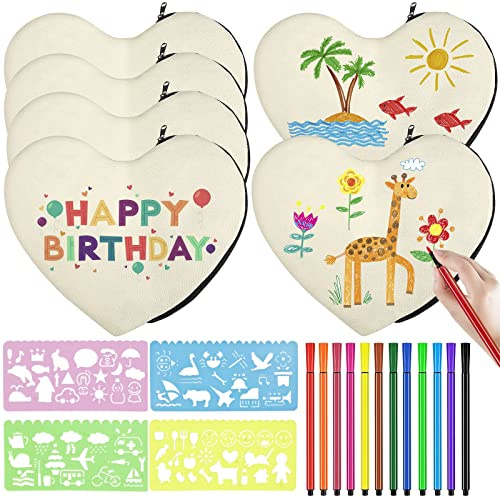 SIMSPEAR 6 Stück Federmäppchen zum Bemalen, Basteln Kindergeburtstag mit 12 Buntstift, 4 DIY Malschablonen, Stoffbeutel zum Bemalen für Basteln Geburtstagsparty, Mäppchen, Aufbewahrung Schreibwaren