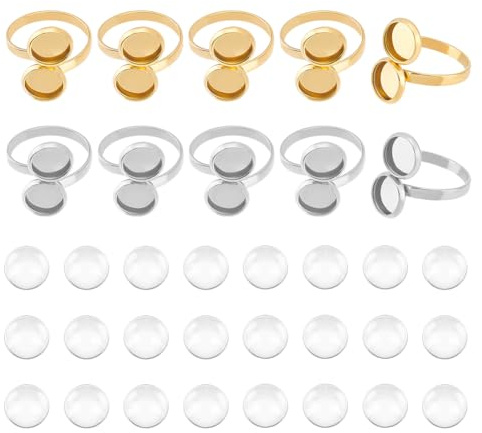 UNICRAFTALE 34 Teiliges DIY Manschettenringe 304 Edelstahl Manschettenringe Runde Ringrohlinge Rahmen Doppelte Tablett Lünette Glas Cabochons Für Die Schmuckherstellung