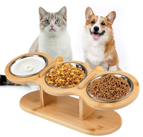 Cat Feeding Station, Stainless Steel Elevated Cat Bowls With 15° Tilted Wood Stand, Adjustable Raised Cat Bowls for Food and Water, Raised Cat Food Bowls for Cats and Puppy