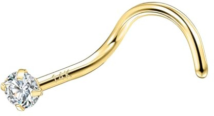 SYLWIA 14K Gold Nose Studs Corkscrew L Shaped Moissanite Nose Ring Piercing | 20G 18G Solid Real Gold Nose Rings, Hypoallergenic Nose Ppiercing Studs for Women Men - 2mm 2.5mm 3mm Moissanite