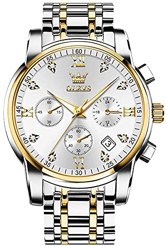OLEVS Hommes en Acier Inoxydable Chronographe Doré Argent Analogique Quartz Grand Cadran Diamant Montre De Luxe éTanche Date Cadran NuméRique Romain