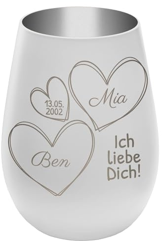 Windlicht mit Gravur ''In Liebe vereint'' - Weiß/Silber - Glas Teelichthalter personalisierbar mit Wunschtext - Geschenk zu Valentinstag Hochzeit Verlobung Jahrestag