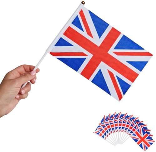 Runesol 12 Packung Union Jack Handfahnen, 14 cm x 21 cm Stockfahnen, Mini-Handfahnen der Länder, Party-Deko handgehaltene Flaggen, Großbritannien, England Flaggen, Sport