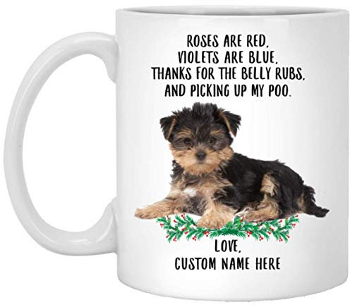 Kaffeebecher Yorkshire-Terrier-Welpen, Rosen Sind Rot, Veilchen Sind Blau, Personalisierter Name Weiß Weihnachtstasse Retro Keramik-Tasse Unisex Kaffeetasse Für Arbeit Familie Freunde 330Ml
