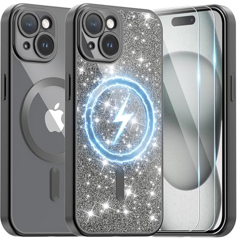 Ethanger for iPhone 15 Case with 2 Screen Protector Compatible with MagSafe, Magnetic Cover Shockproof Frosted Bumper with Glitter Card and Wrist Strap for Women Girls, Titanium Black