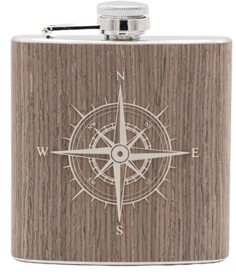 Flasque gravée exclusive avec revêtement en bois - 175 ml (boussole)