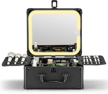 Qislee Makeup Box with A Detachable Lighted Mirror, Waterproof Travel Train Case, Cosmetic Organizer and Makeup Suitcase with Adjustable Dividers, Magnetic LED Mirror (Black)