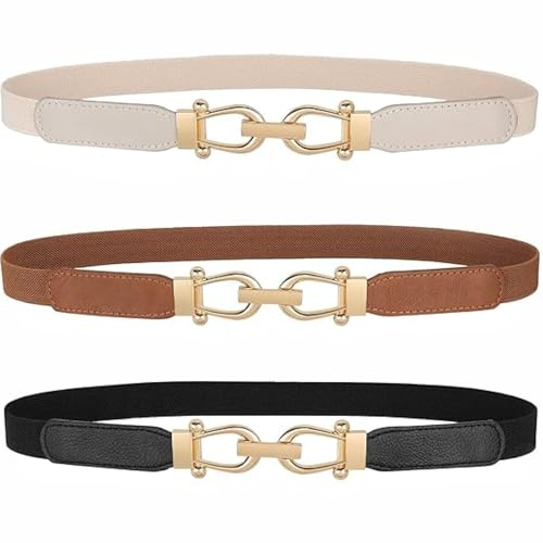 Flintronic Frauen Dünner Elastischer Gürtel, 3 Stück Elastischer Taillengürtel, Damen Dünne Elastische Taille Gürtel, Stretch Taille Gürtel mit goldener Schnalle, Schmaler Taillengürtel, Dünner Gürtel