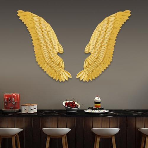 OMGGYER 2er Set Flügel Wanddekoration Große Metall Wandobjekt Engelsflügel Wanddeko, Engel Wandhänger Gold 3D-Wandskulptur für Schlafzimmer, Wohnzimmer, Bar, Studio, 46 * 110cm