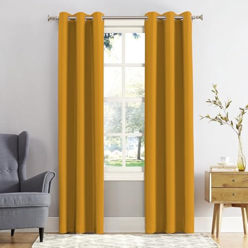REHAN & CO Blackout Curtains for Bedroom Super Soft Thermal Insulated Black Out Eyelet Curtains with Tie Backs for Living Room, Kitchen Ochre (W46 x L72 Inch 2 Panels)