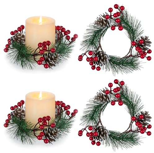 BLOSMON Couronne Decoration Noel Deco: 4 Pièces Mini Couronne de l'Avent avec Pommes de Pin, Baies pour Centre de Table Porte Bougie, Couronne de Noel pour Porte Sapin Maison Salon Décoration