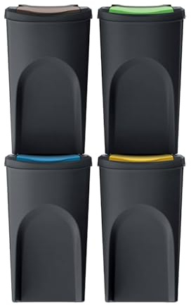 Set 4 cubos de basura 100% plástico reciclado, negro, 4x 35L